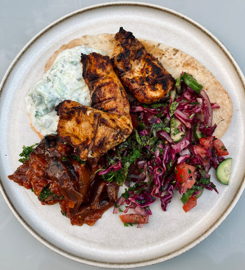 Classic Chicken Shish & Turkish Salad with Cacik & Roasted Aubergine