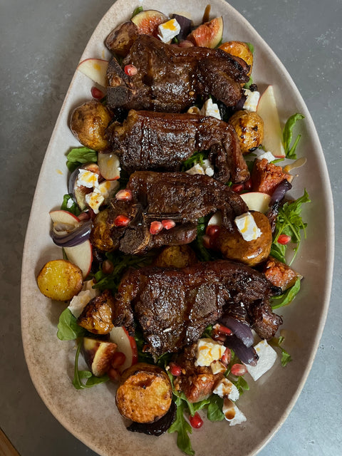 Oven baked Lamb Chops with an Apple, Fig & Pomegranate Rocket Salad 