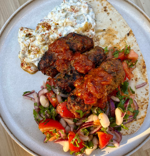 Mini Koftes with Smokey Aubergine Yoghurt & Cannellini Bean Salad